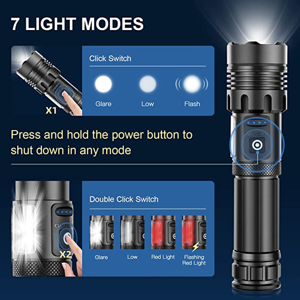 90000 Lumens Powerful Flashlight, Laighter USB Rechargeable Waterproof XHP50 Searchlight Super Bright 5 Modes LED Flashlight Zoom Bar Torch for emergencies Hiking Hunting Camping