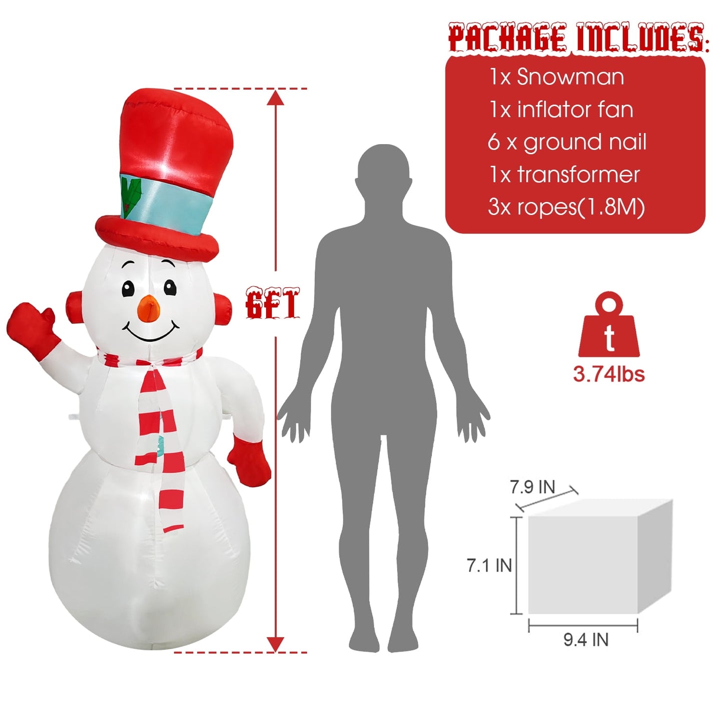 Posrue 6FT Snowman Christmas Inflatables Outdoor Decoration, Blow up Yard Decoration with LED Lights Built-in, Holiday Decor for Xmas Party Indoor Outside Garden Lawn Porch Decorations