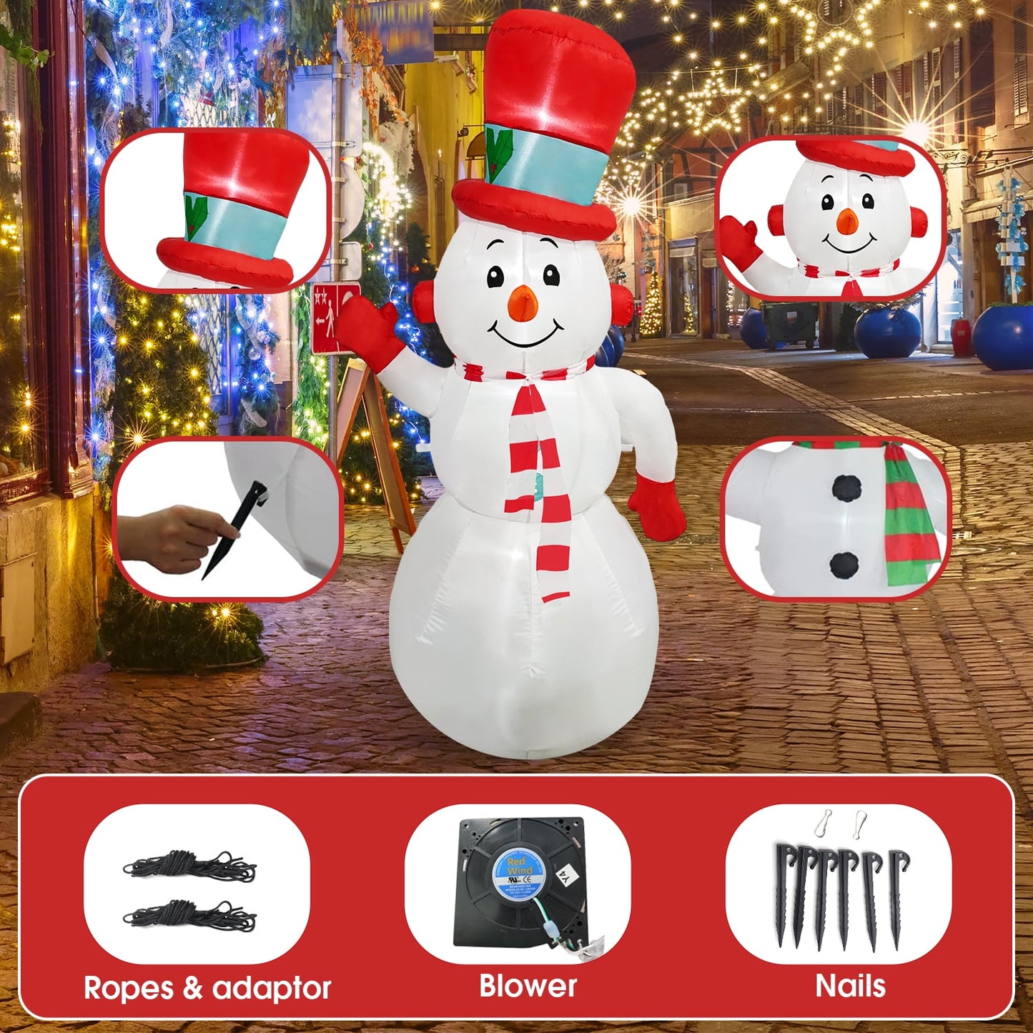 Posrue 6FT Snowman Christmas Inflatables Outdoor Decoration, Blow up Yard Decoration with LED Lights Built-in, Holiday Decor for Xmas Party Indoor Outside Garden Lawn Porch Decorations