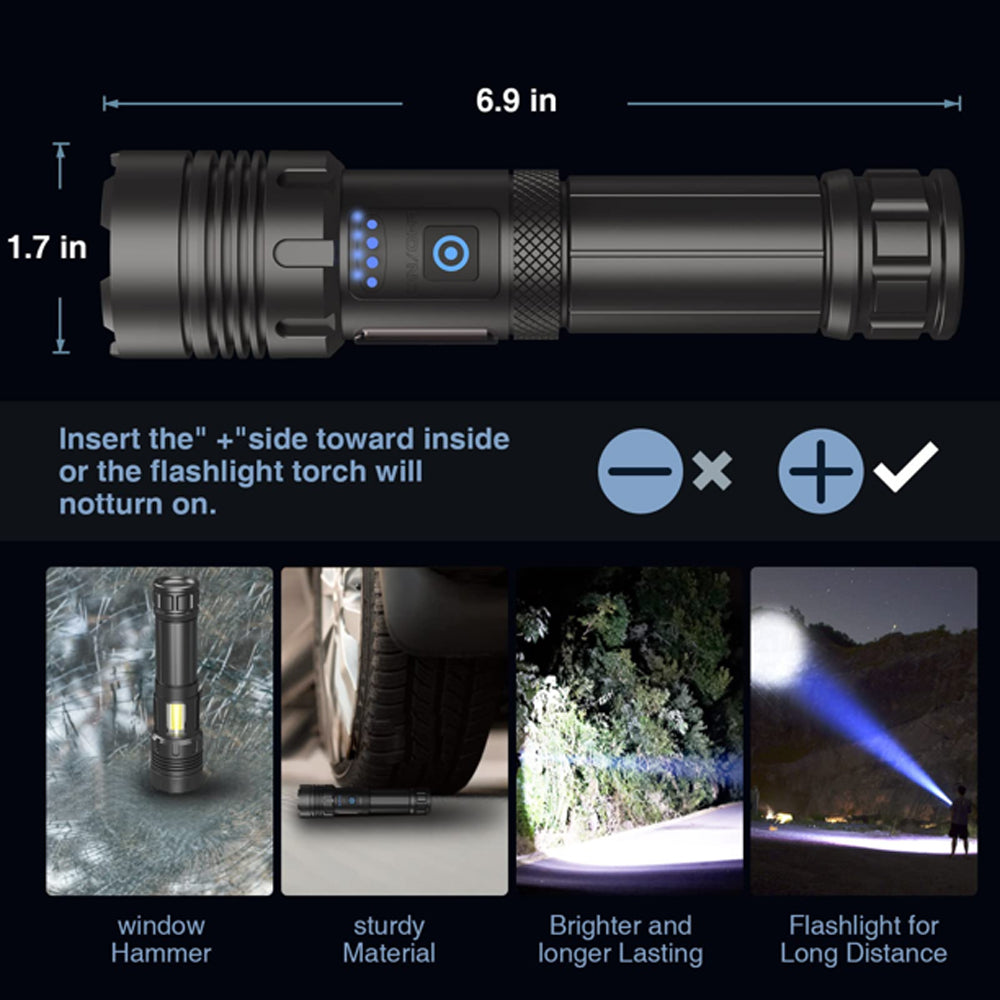 90000 Lumens Powerful Flashlight, Laighter USB Rechargeable Waterproof XHP50 Searchlight Super Bright 5 Modes LED Flashlight Zoom Bar Torch for emergencies Hiking Hunting Camping
