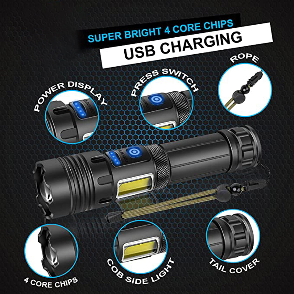 90000 Lumens Powerful Flashlight, Laighter USB Rechargeable Waterproof XHP50 Searchlight Super Bright 5 Modes LED Flashlight Zoom Bar Torch for emergencies Hiking Hunting Camping