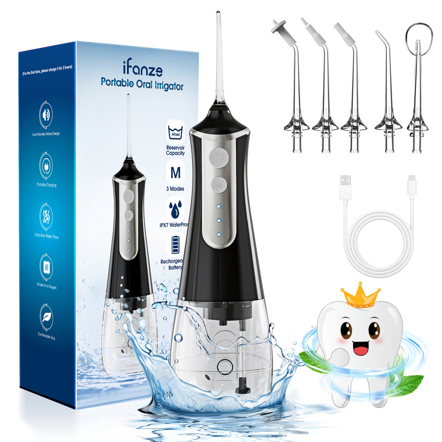 Water Flosser Cordless for Teeth Cleaning, Rechargeable Oral Irrigator 3 Modes 5 Tips IPX6 Waterproof Powerful Battery Water Teeth Cleaner Pick for Home Travel