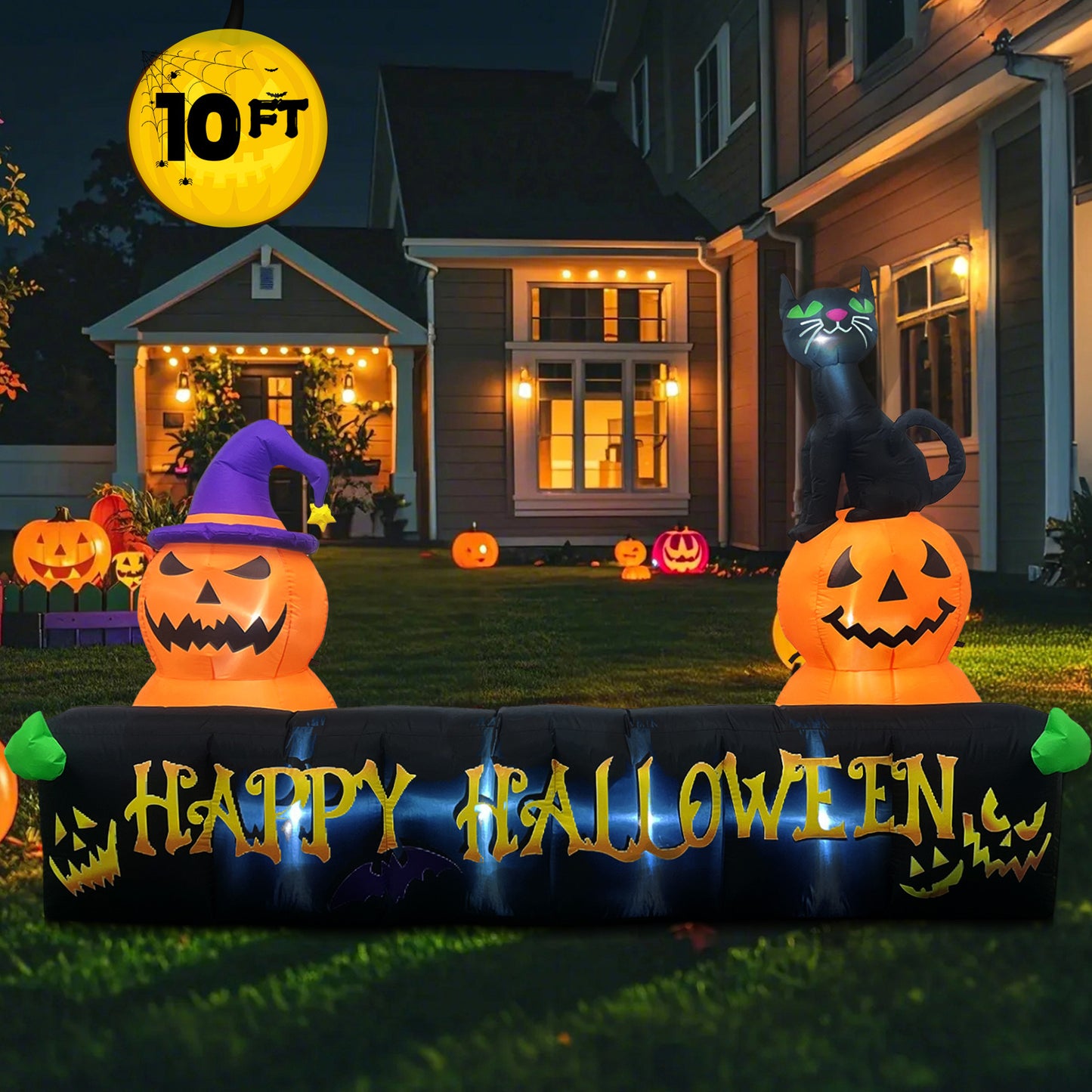 10Ft Long Halloween Inflatable Decorations with LED Lights, Happy Halloween Sign with Pumpkin and Cat for Yard Lawn Yard Home Party Indoor Outdoor