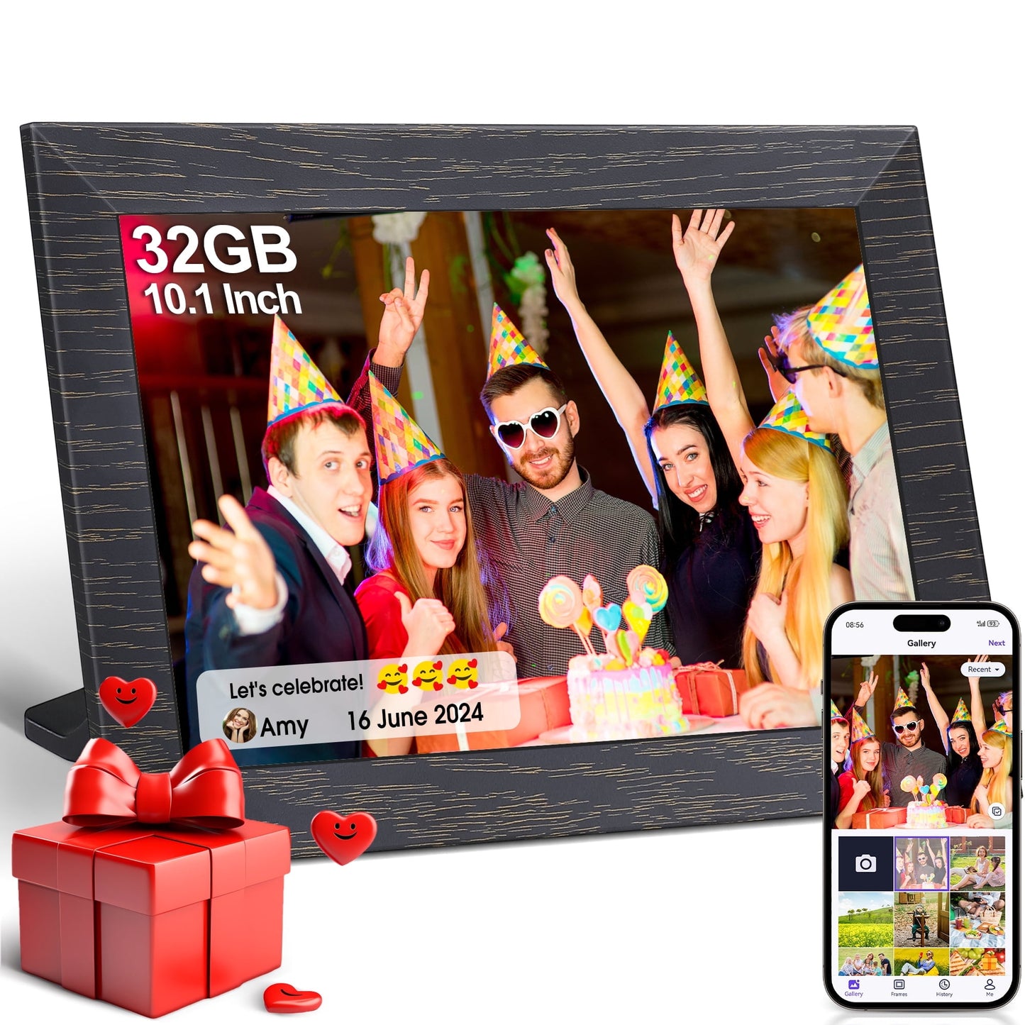 posrue 10.1 inch Wifi Digital Picture Frame, 32GB Smart Digital Photo Frame with Wifi Share Photo Video via App, Mico SD, Wall-Mountable, Auto-Rotate, Christmas Gift