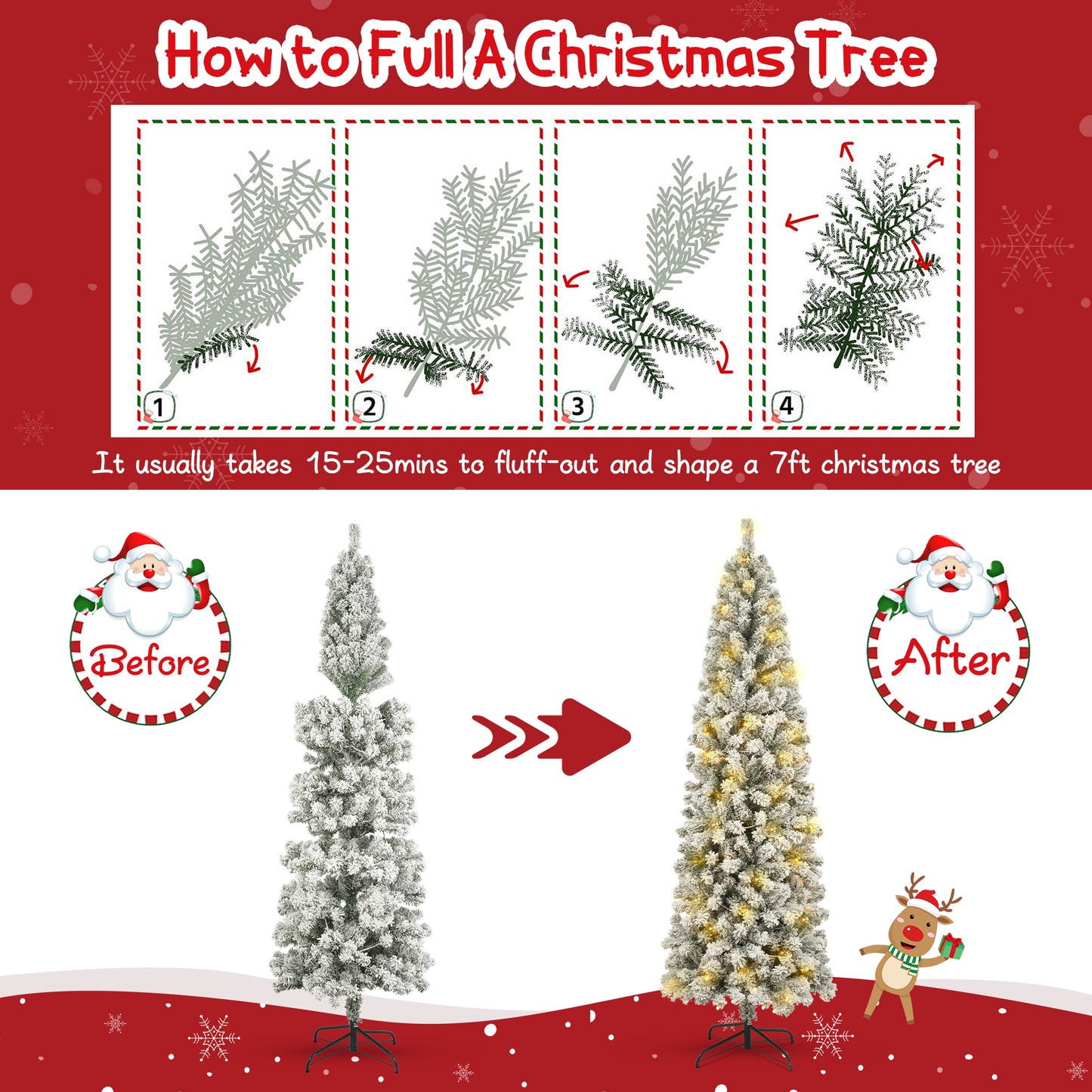 7ft Pre-Lit Artificial Pencil Christmas Tree Snow Flocked Slim Skinny Xmas Tree Holiday Decoration with 900 Tips and 250 Warm Lights