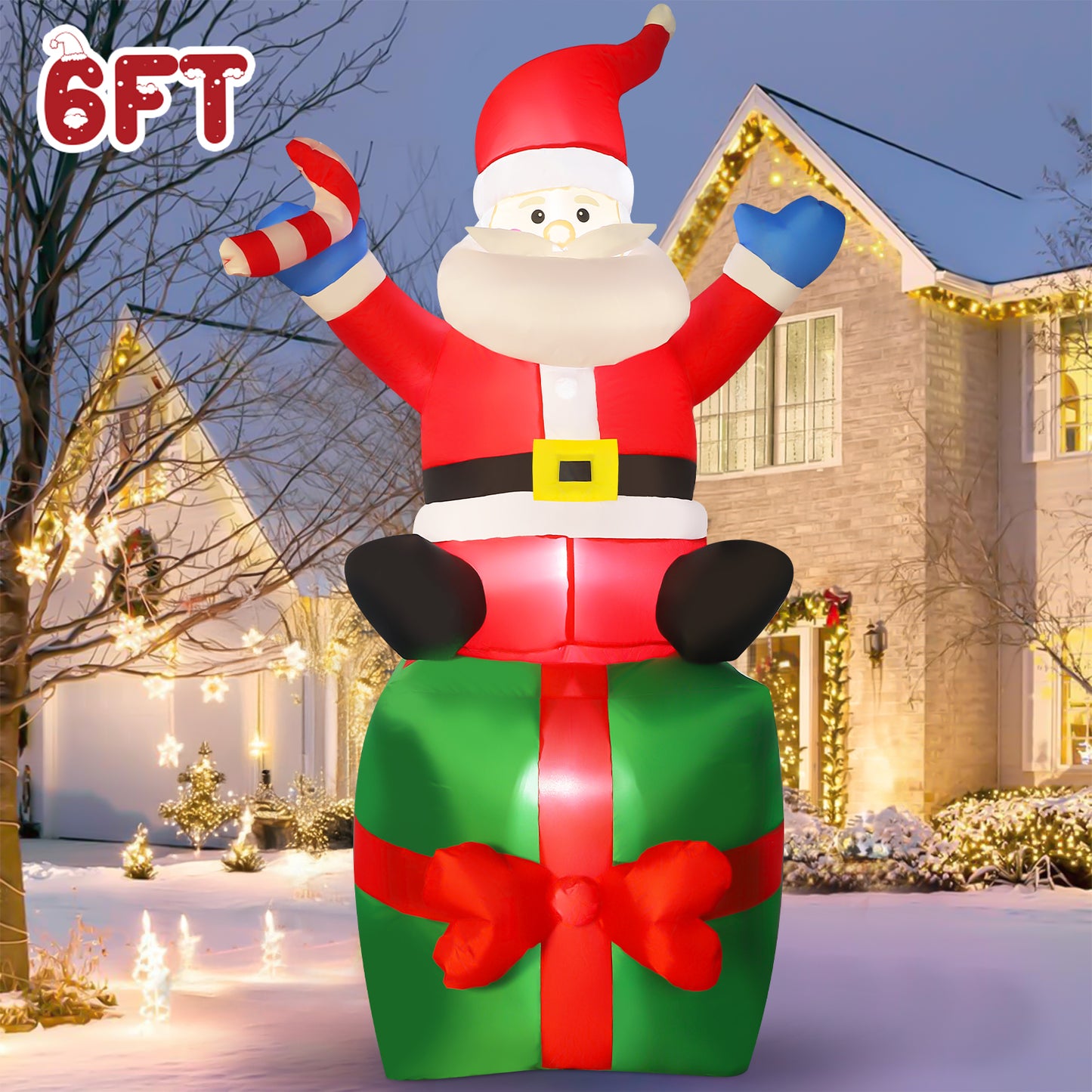 6 Ft Christmas Inflatable Santa Claus with Blow Up Gift Box Outdoor Decorations with LED Lights, Waterproof Xmas Family Inflatable Decor for Yard Lawn Garden Home Party Indoor Outdoor,Red