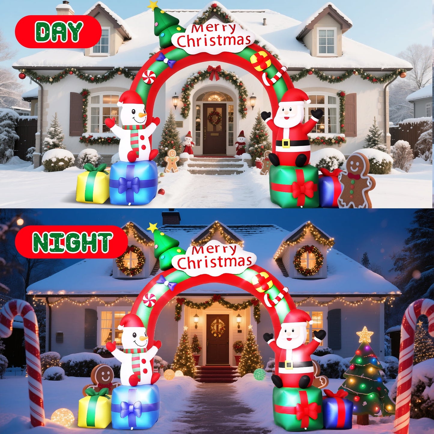 10FT Long Christmas Inflatable Archway Santa Claus and Snowman with Bow LED Lights Yard Art Decoration