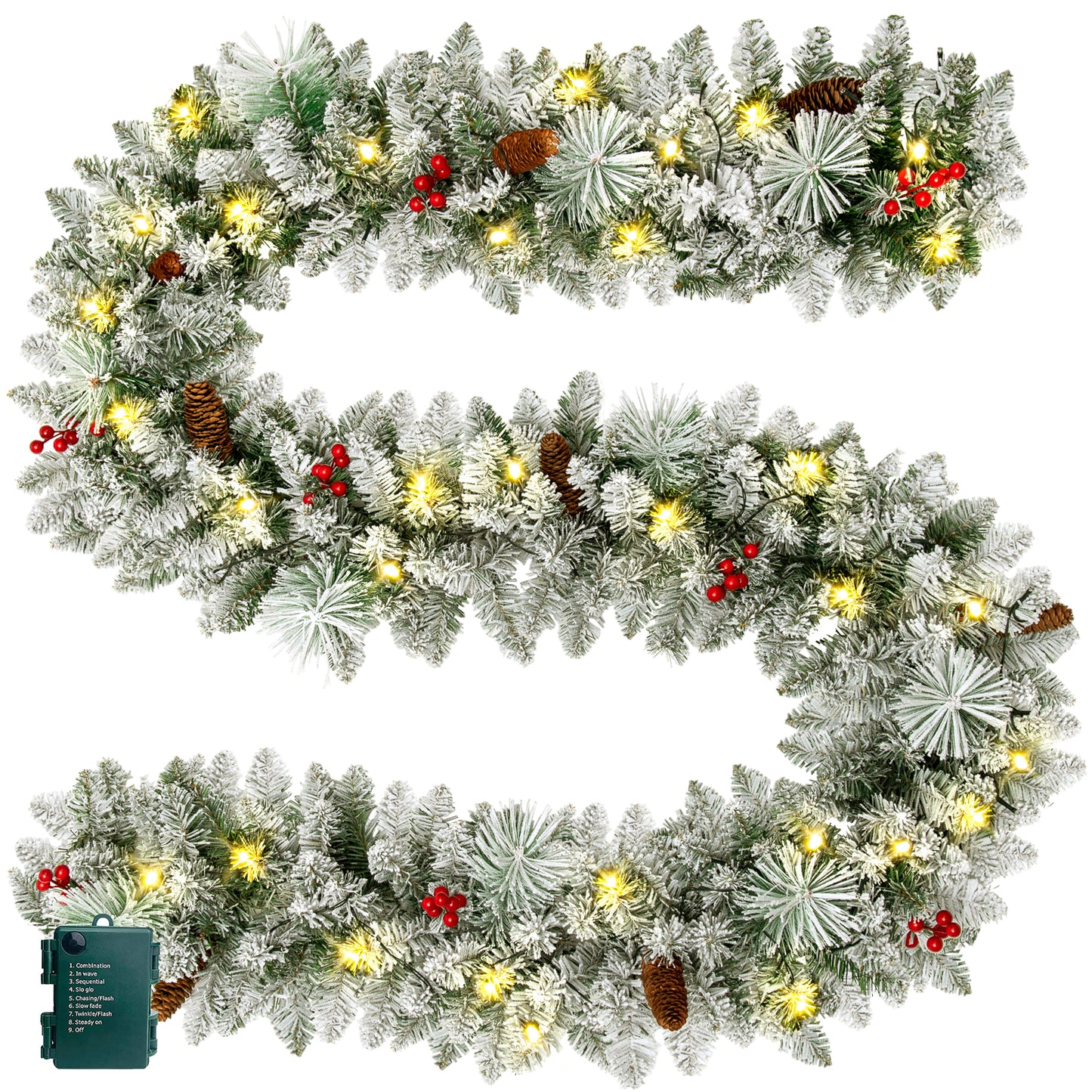 9FT Pre-Lit Christmas Garland with LED Lights, Snow Flocked Xmas Garland for Outdoor Indoor Xmas Decoration Home Fireplace Front Stairs Railing Decor, Battery Operated