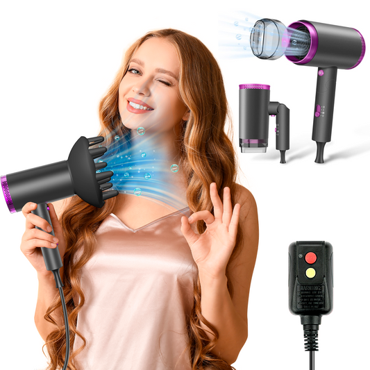 Ionic Hair Dryer, 1875W Professional Foldable Blow Dryer Safety Upgraded, Negative Ion Technolog, 3 Heating/2 Speed/Cold Settings, Contain 1 Nozzles and 1 Diffuser, for Home Salon Travel Kids