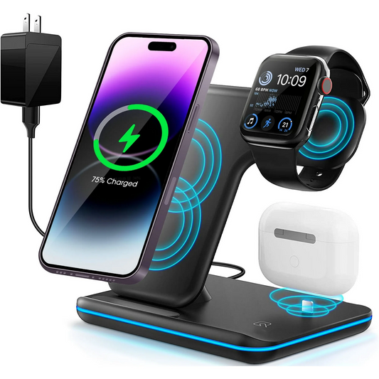 Wireless Charger, 3 in 1 Fast Charging Dock Station/ Stand, Compatible for iPhone Series 15/14/13/12/11/XS/MAX /XR/XS/X/Apple Watch Charger 9 8/7/ 6/5/4/3, AirPods, Black