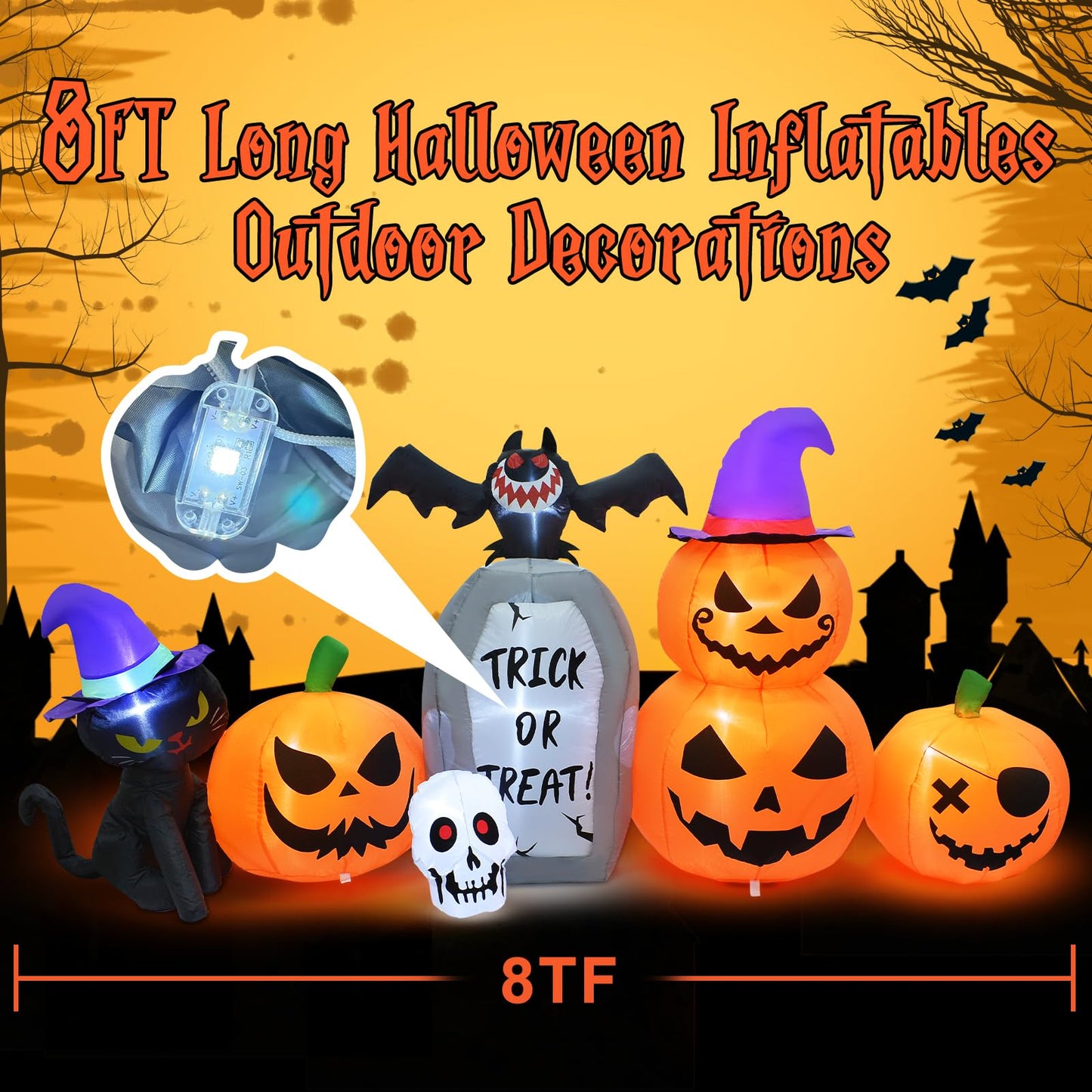 8 FT Long Halloween Inflatable Decorations, Halloween Pumpkin Stack Blow Up Built-in LED Lights for Indoor Outdoor Holiday Home Party Garden Yard Lawn