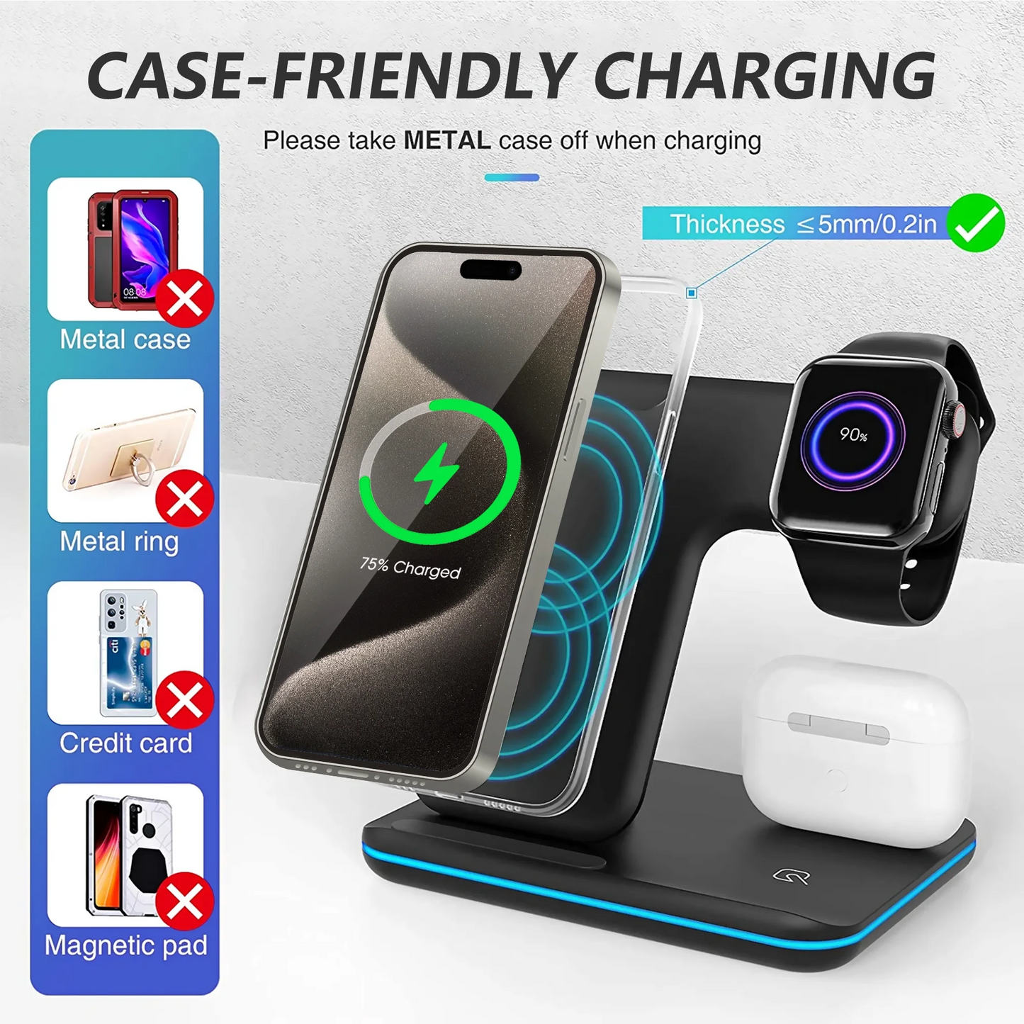 Wireless Charger, 3 in 1 Fast Charging Dock Station/ Stand, Compatible for iPhone Series 15/14/13/12/11/XS/MAX /XR/XS/X/Apple Watch Charger 9 8/7/ 6/5/4/3, AirPods, Black