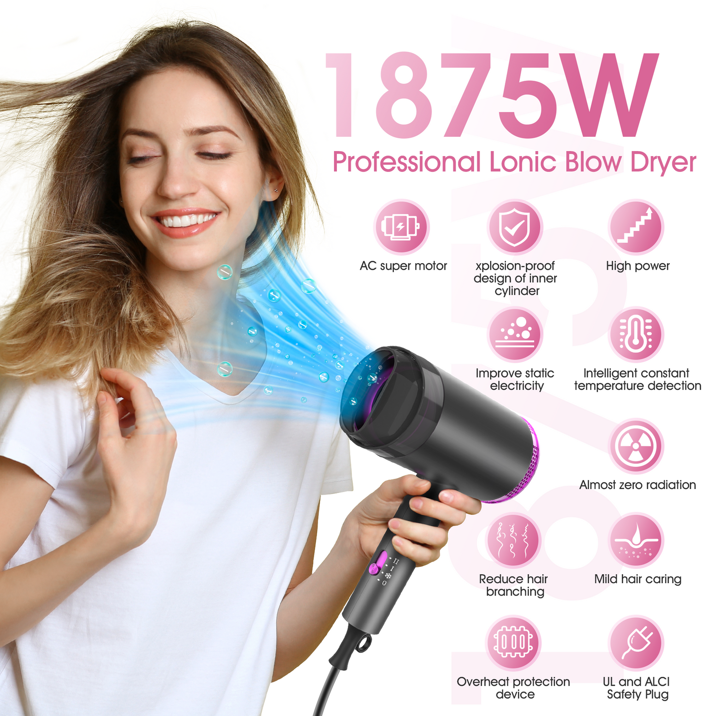 Ionic Hair Dryer, 1875W Professional Foldable Blow Dryer Safety Upgraded, Negative Ion Technolog, 3 Heating/2 Speed/Cold Settings, Contain 1 Nozzles and 1 Diffuser, for Home Salon Travel Kids