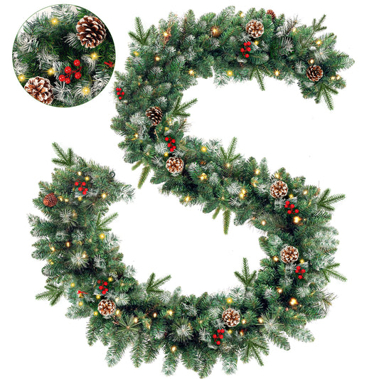 Melliful 9FT Pre-Lit Christmas Garland with Lights, Red Berries Branches Pine Cones Artificial Christmas Decoration for Outdoor Indoor Decor
