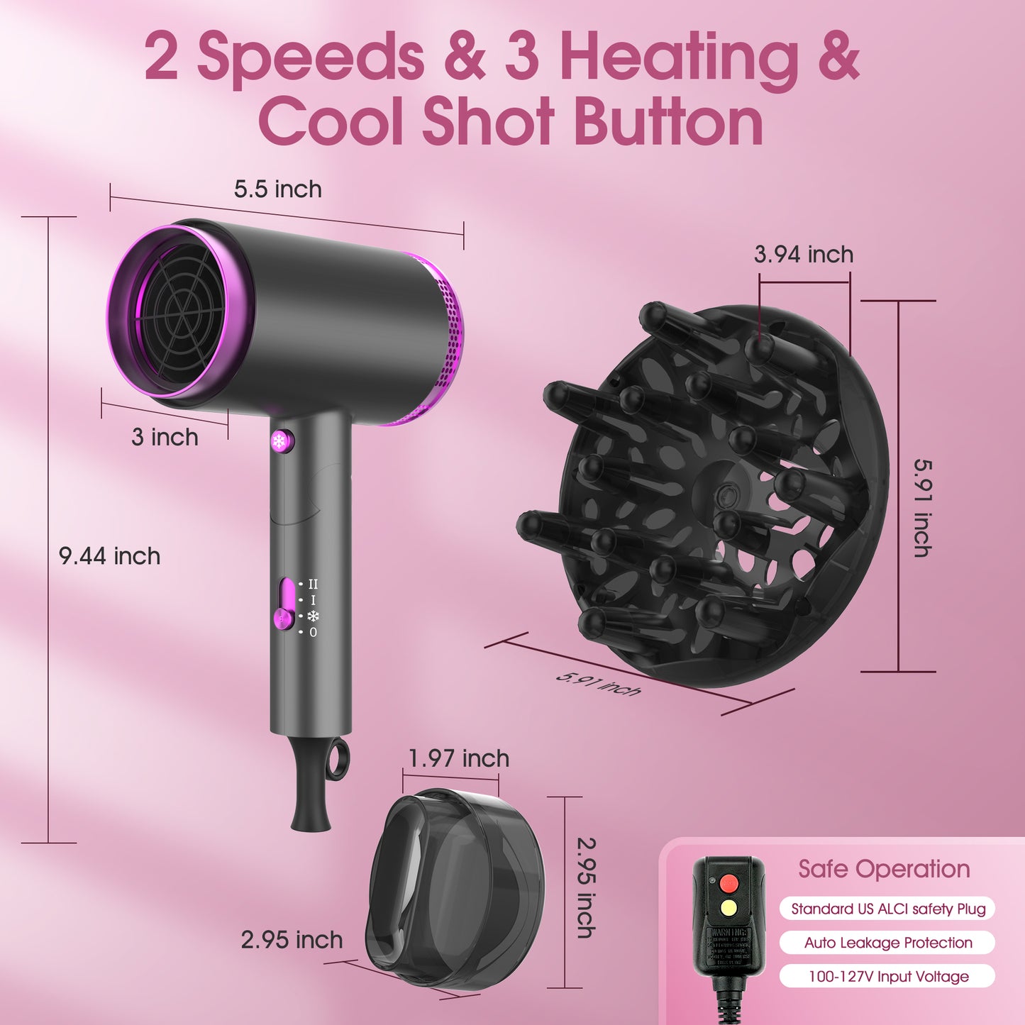 Ionic Hair Dryer, 1875W Professional Foldable Blow Dryer Safety Upgraded, Negative Ion Technolog, 3 Heating/2 Speed/Cold Settings, Contain 1 Nozzles and 1 Diffuser, for Home Salon Travel Kids