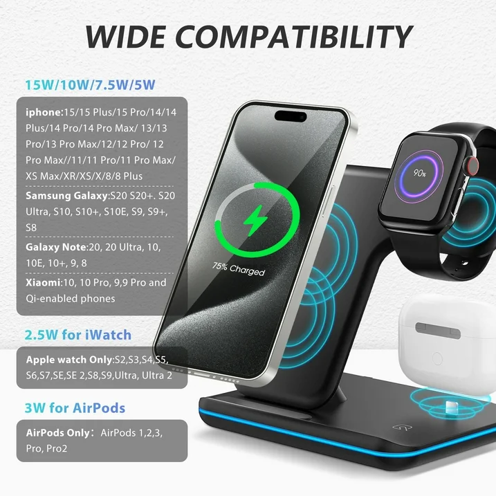 Wireless Charger, 3 in 1 Fast Charging Dock Station/ Stand, Compatible for iPhone Series 15/14/13/12/11/XS/MAX /XR/XS/X/Apple Watch Charger 9 8/7/ 6/5/4/3, AirPods, Black