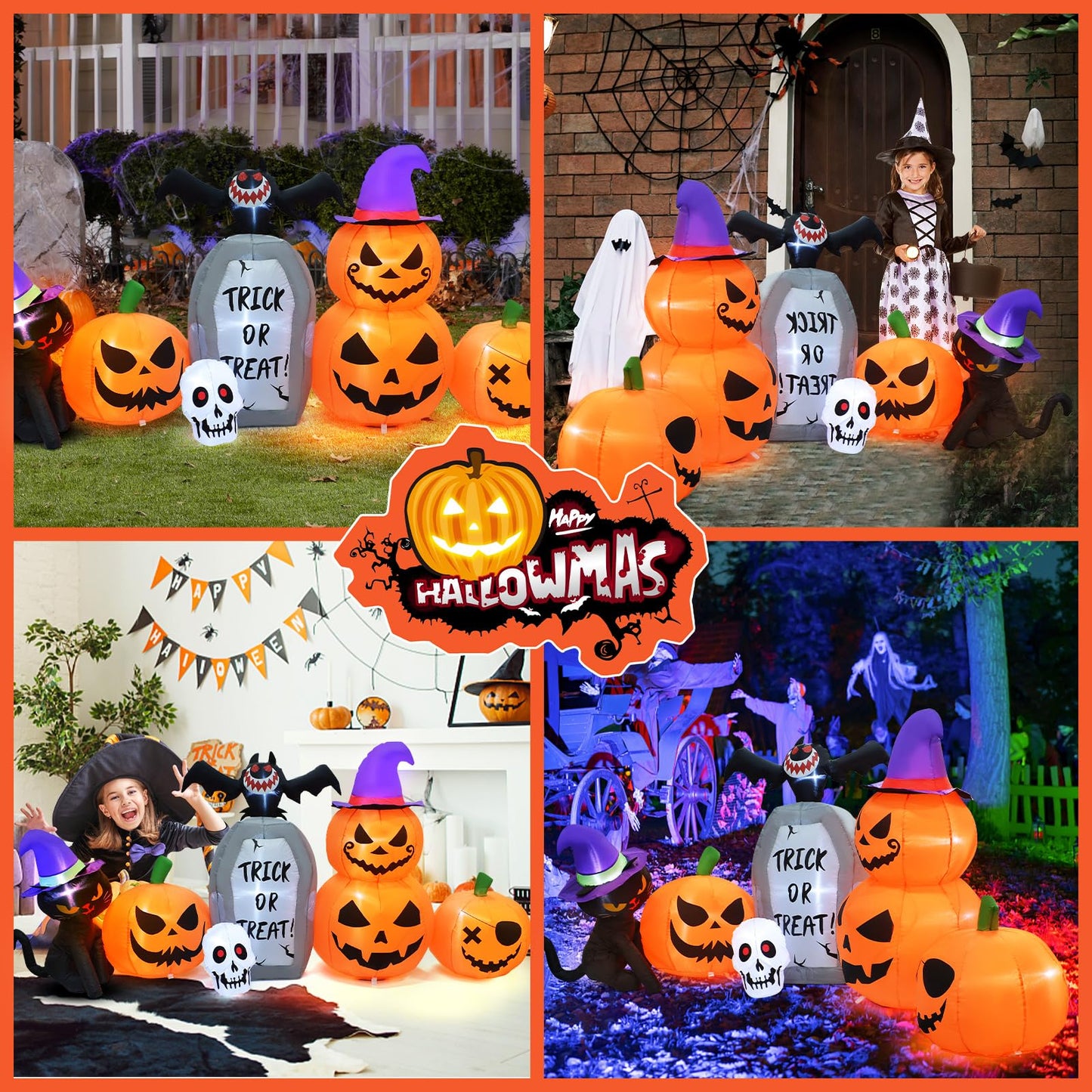 8 FT Long Halloween Inflatable Decorations, Halloween Pumpkin Stack Blow Up Built-in LED Lights for Indoor Outdoor Holiday Home Party Garden Yard Lawn