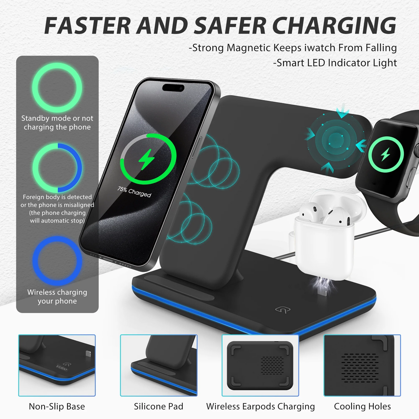 Wireless Charger, 3 in 1 Fast Charging Dock Station/ Stand, Compatible for iPhone Series 15/14/13/12/11/XS/MAX /XR/XS/X/Apple Watch Charger 9 8/7/ 6/5/4/3, AirPods, Black