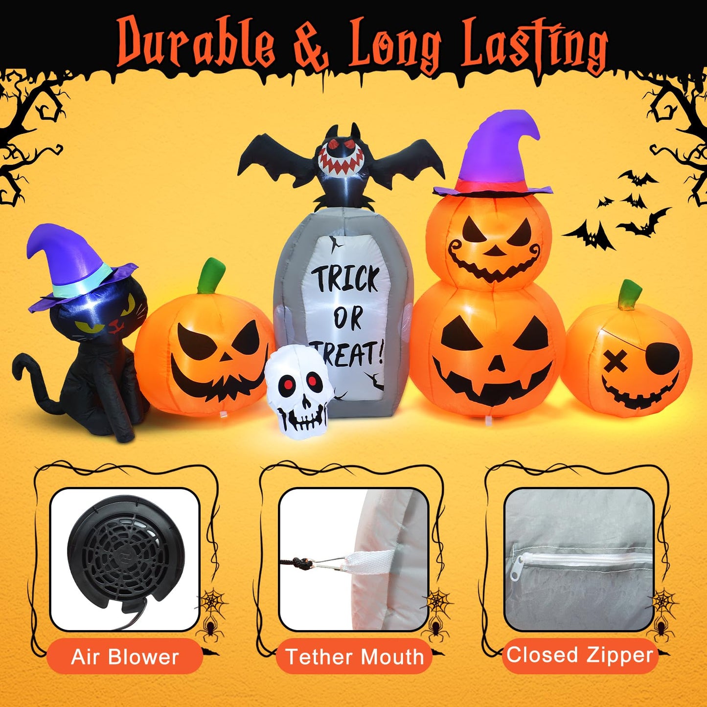 8 FT Long Halloween Inflatable Decorations, Halloween Pumpkin Stack Blow Up Built-in LED Lights for Indoor Outdoor Holiday Home Party Garden Yard Lawn