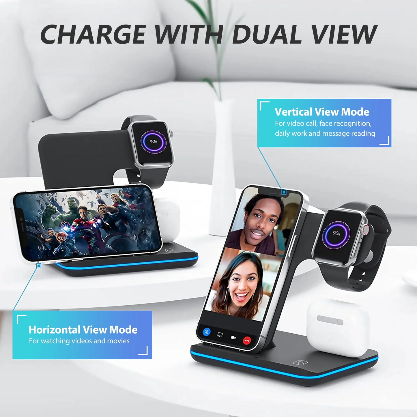 Wireless Charger, 3 in 1 Fast Charging Dock Station/ Stand, Compatible for iPhone Series 15/14/13/12/11/XS/MAX /XR/XS/X/Apple Watch Charger 9 8/7/ 6/5/4/3, AirPods, Black