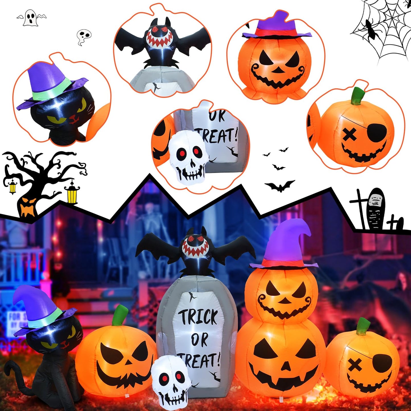 8 FT Long Halloween Inflatable Decorations, Halloween Pumpkin Stack Blow Up Built-in LED Lights for Indoor Outdoor Holiday Home Party Garden Yard Lawn