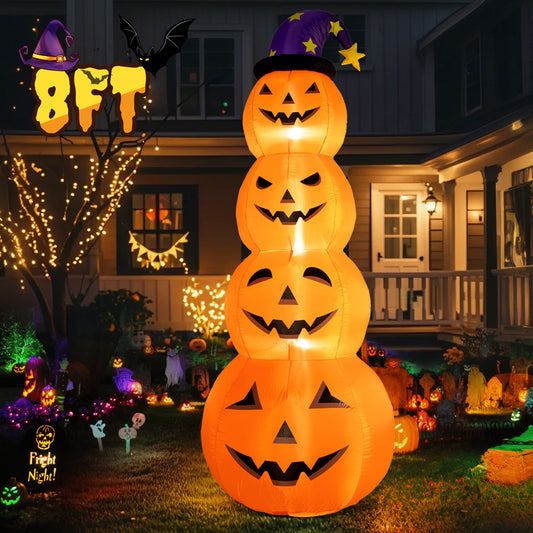 Posrue 8 ft Halloween Inflatable, Stacked Pumpkins with Witch Hat Inflatable with Build-in LED Lights, Blow up for Indoor Outdoor Lawn Yard Garden Home Party Halloween Decor, Orange