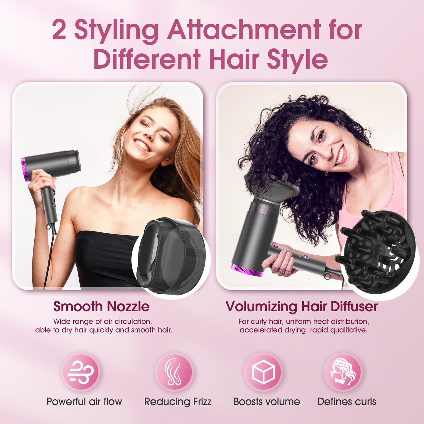 Ionic Hair Dryer, 1875W Professional Foldable Blow Dryer Safety Upgraded, Negative Ion Technolog, 3 Heating/2 Speed/Cold Settings, Contain 1 Nozzles and 1 Diffuser, for Home Salon Travel Kids