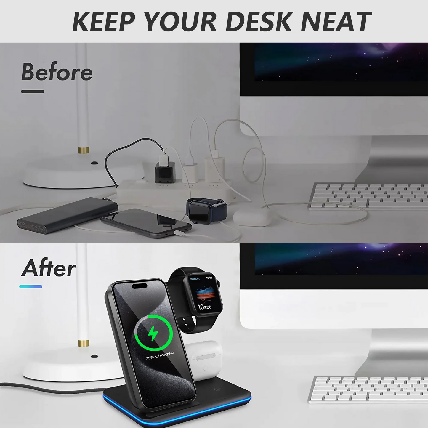 Wireless Charger, 3 in 1 Fast Charging Dock Station/ Stand, Compatible for iPhone Series 15/14/13/12/11/XS/MAX /XR/XS/X/Apple Watch Charger 9 8/7/ 6/5/4/3, AirPods, Black