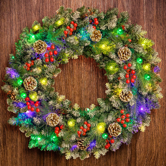 Posrue 24" Pre-Lit Christmas Wreaths, Outdoor Lighted Christmas Wreath for Front Door, Christmas Red Berries, Pine Cones Wreath, Xmas Wreath Decor for Window Fireplace Indoor, Green