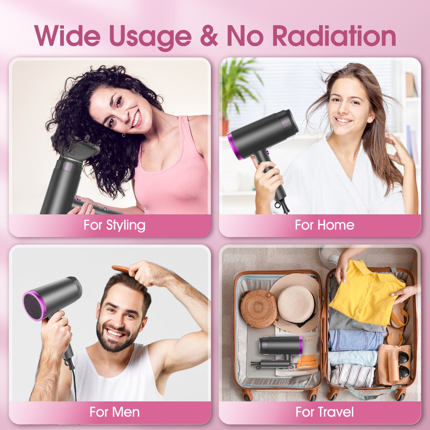 Ionic Hair Dryer, 1875W Professional Foldable Blow Dryer Safety Upgraded, Negative Ion Technolog, 3 Heating/2 Speed/Cold Settings, Contain 1 Nozzles and 1 Diffuser, for Home Salon Travel Kids