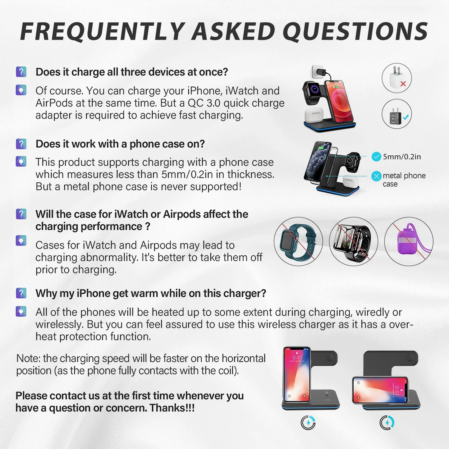 Wireless Charger, 3 in 1 Fast Charging Dock Station/ Stand, Compatible for iPhone Series 15/14/13/12/11/XS/MAX /XR/XS/X/Apple Watch Charger 9 8/7/ 6/5/4/3, AirPods, Black