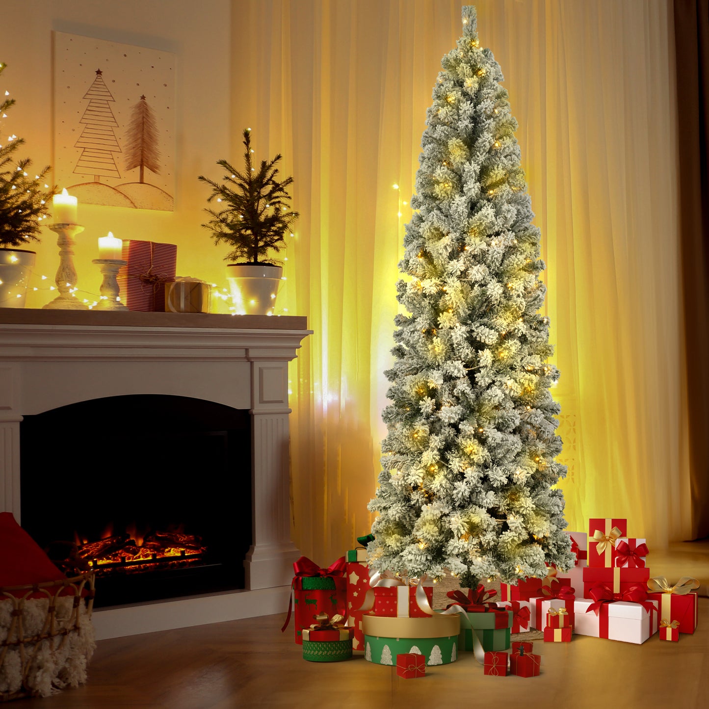 7ft Pre-Lit Artificial Pencil Christmas Tree Snow Flocked Slim Skinny Xmas Tree Holiday Decoration with 900 Tips and 250 Warm Lights
