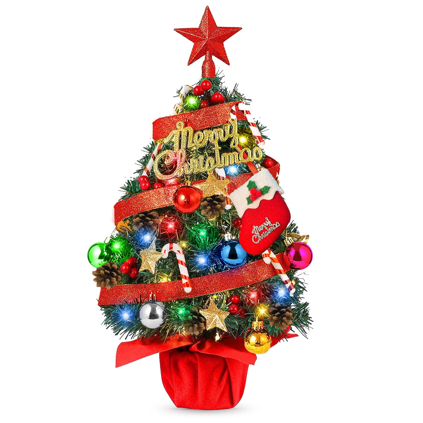 24" Pre-Li Tabletop Mini Christmas Tree Set with LED Light and Star Treetop Ornaments Balls Bells Pine Cones for Indoor Outdoor Xmas Decoration Home Fireplace Front Door, Include Wooden Base