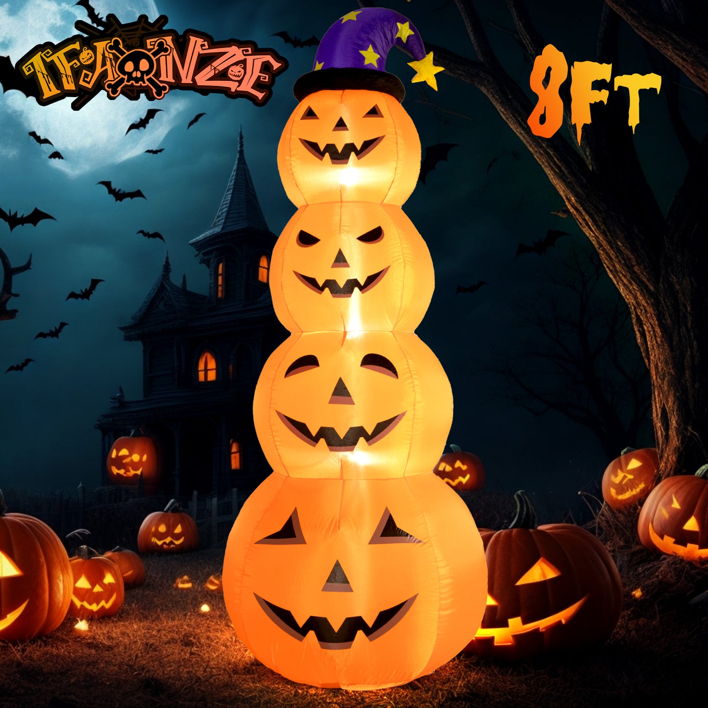 8 Ft Halloween Inflatable, Stacked Pumpkins with Witch Hat Inflatable with Build-in LED Lights, Blow up for Indoor Outdoor Lawn Yard Garden Home Party Halloween Decor, Orange