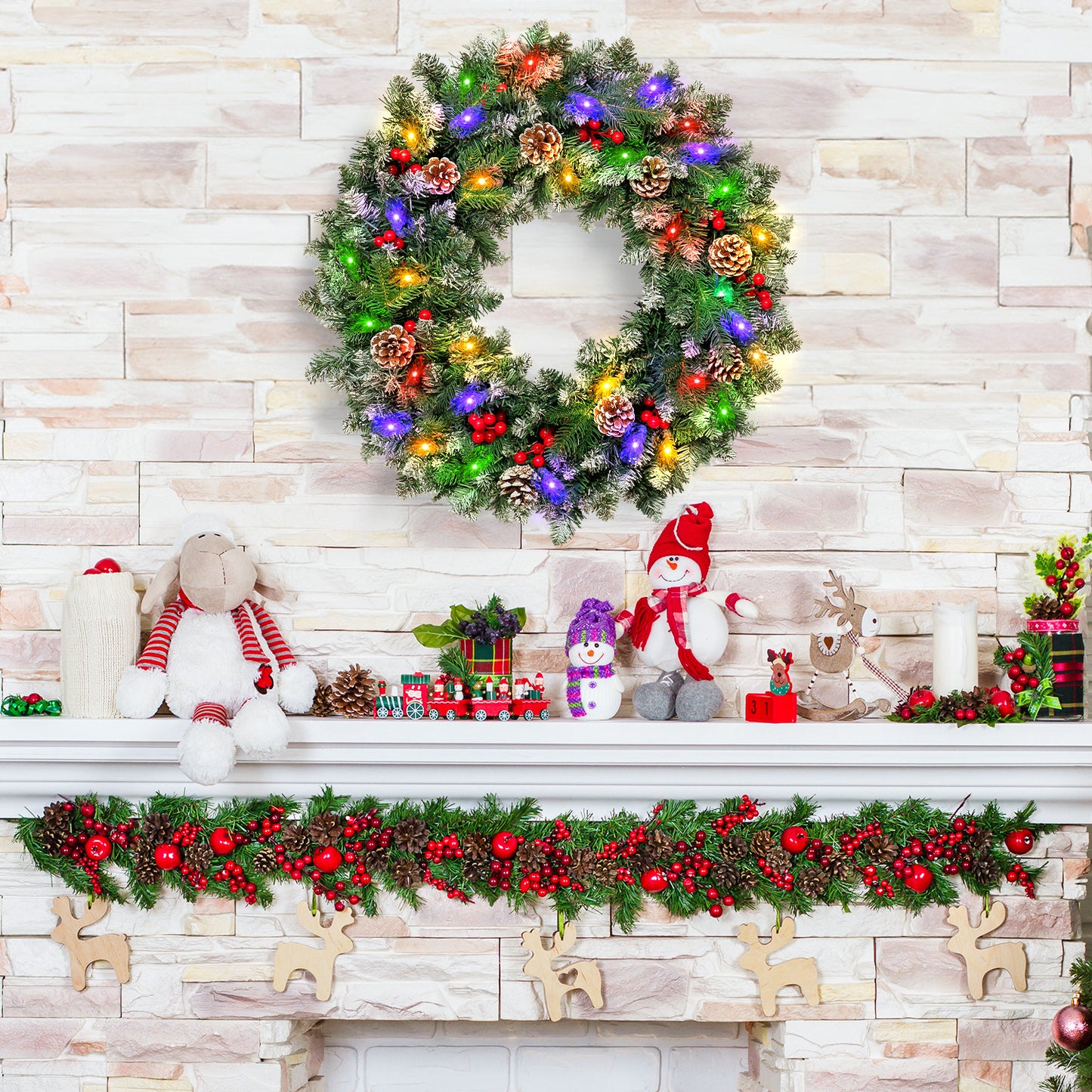 Posrue 24" Pre-Lit Christmas Wreaths, Outdoor Lighted Christmas Wreath for Front Door, Christmas Red Berries, Pine Cones Wreath, Xmas Wreath Decor for Window Fireplace Indoor, Green