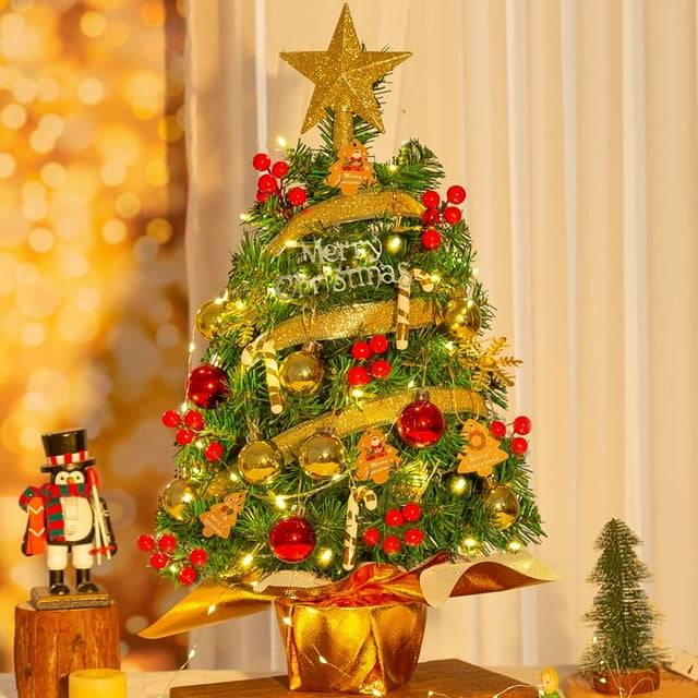 24-inch Artificial Tabletop Christmas Tree, Prelit Decorated Ornaments Balls Xmas Tree with Colorful LED Lights for Xmas Home Office Party Decor