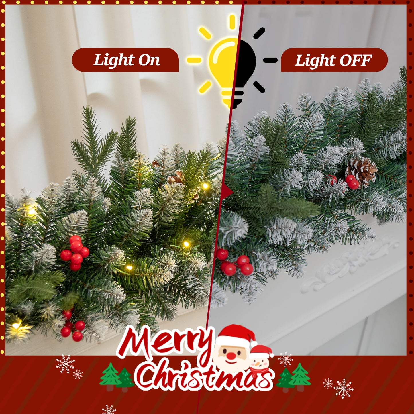 Melliful 9FT Pre-Lit Christmas Garland with Lights, Red Berries Branches Pine Cones Artificial Christmas Decoration for Outdoor Indoor Decor