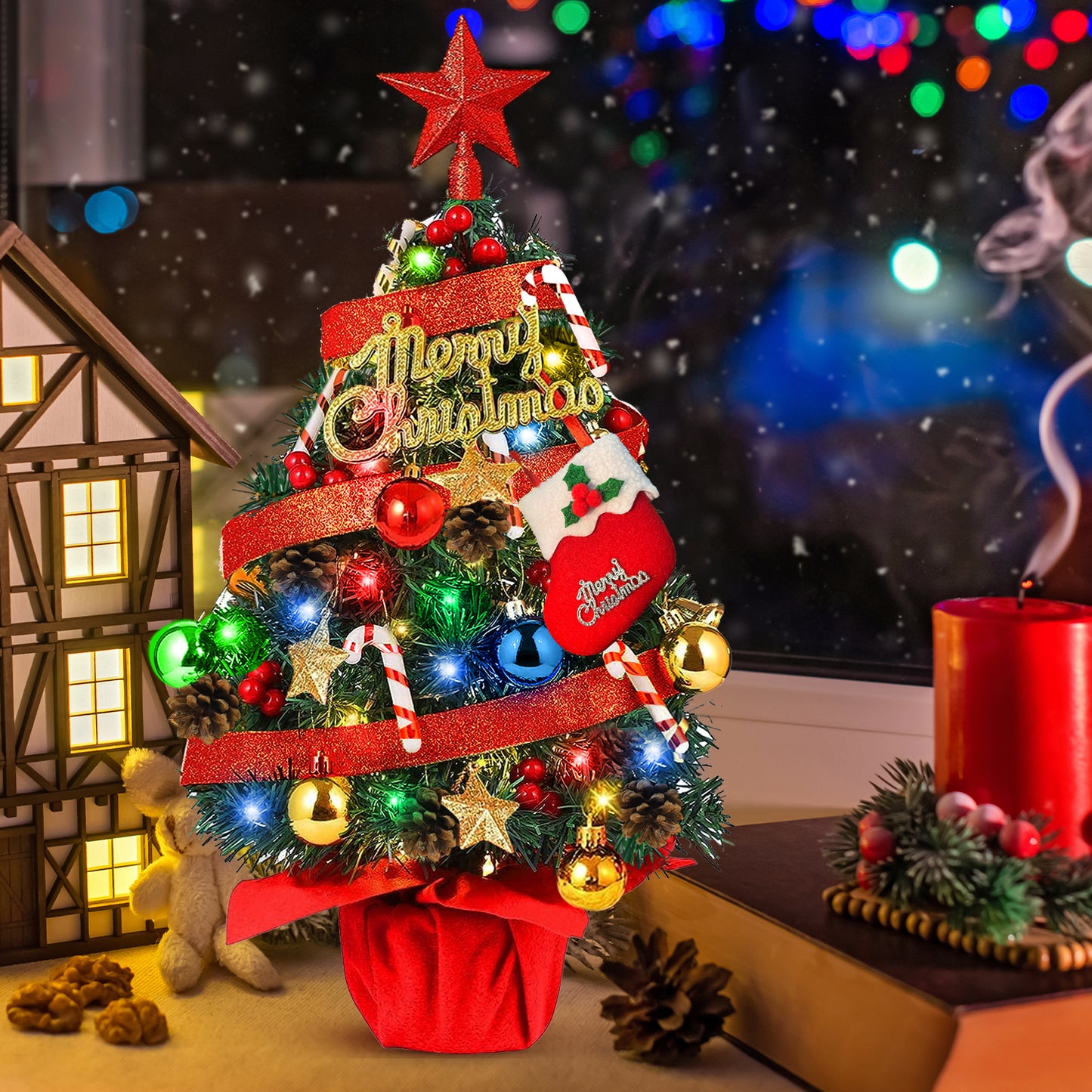 24" Pre-Li Tabletop Mini Christmas Tree Set with LED Light and Star Treetop Ornaments Balls Bells Pine Cones for Indoor Outdoor Xmas Decoration Home Fireplace Front Door, Include Wooden Base