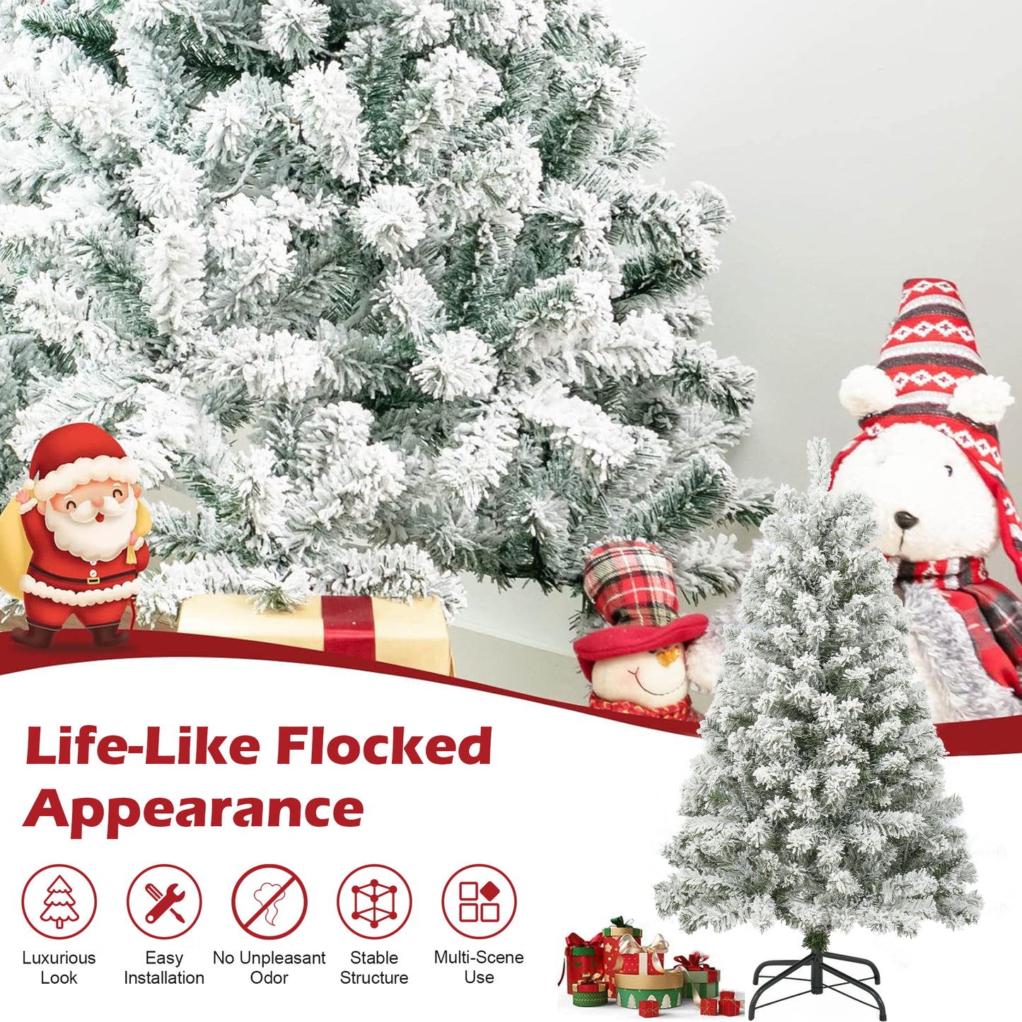 3.5 FT Pre-Lit Premium Snow Flocked Christmas Tree w/ 150 Lights 300 Tips, Hinged Artificial Holiday Xmas Christmas Decoration, Metal Base Stand, White