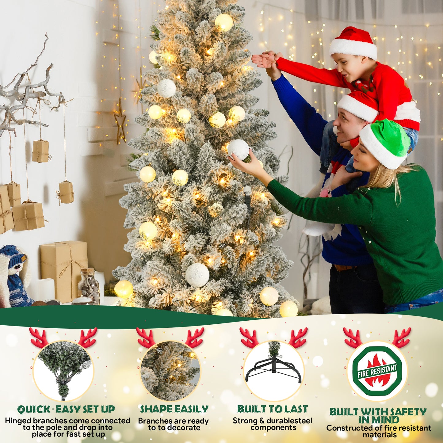 7.5FT Pre-Lit Snow Flocked Pencil Christmas Tree, 250 Lights 1000 Tips Artificial Xmas Tree with 8 Light-Modes, Metal Base Stand for Home Holiday Decoration, White