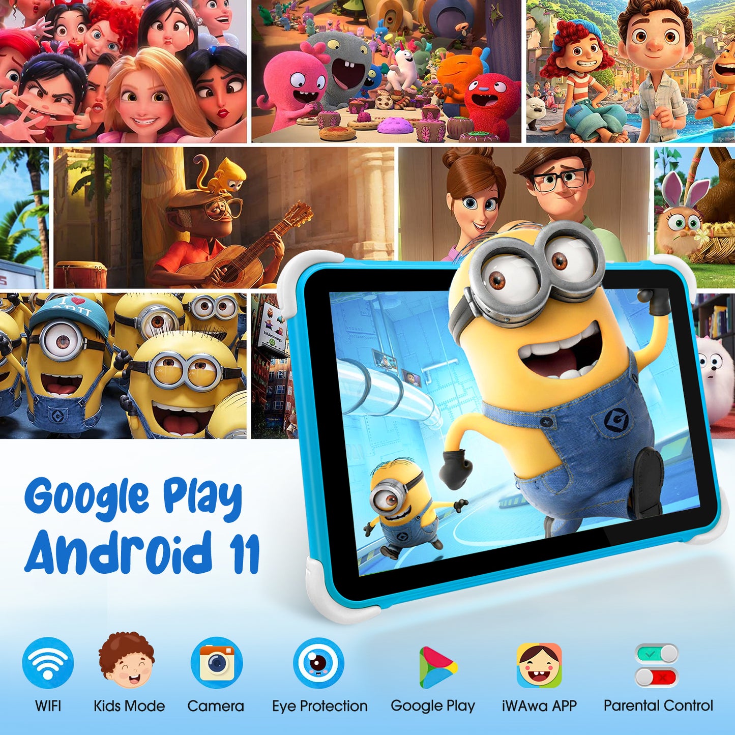 10.1 inch Kids Tablet, 64GB Storage WiFi Android 11 Tablet for Kids, HD Touch Screen, Parental Control, Learning Tablet with IWAWA Application, Children's Tablet with Blue Case S1