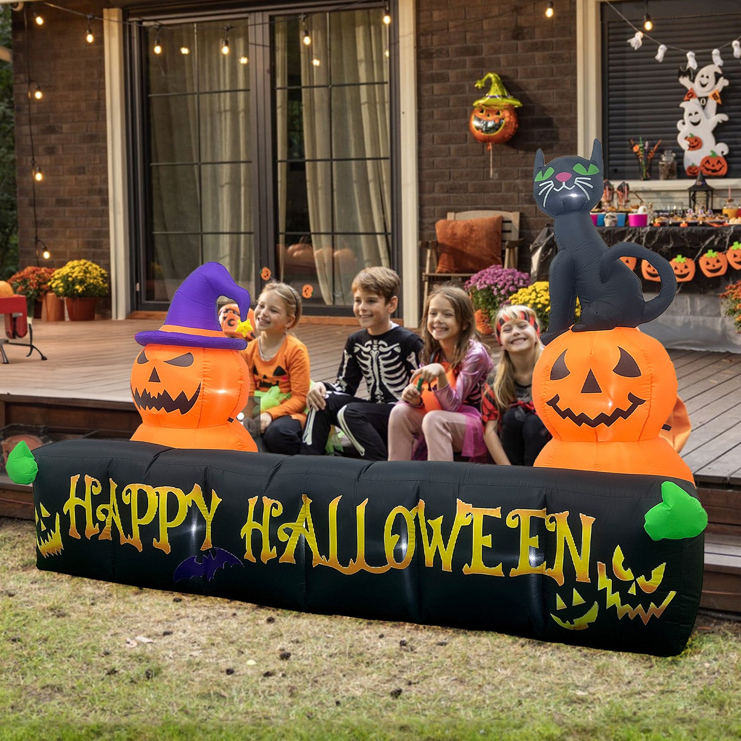 10Ft Long Halloween Inflatable Decorations with LED Lights, Happy Halloween Sign with Pumpkin and Cat for Yard Lawn Yard Home Party Indoor Outdoor