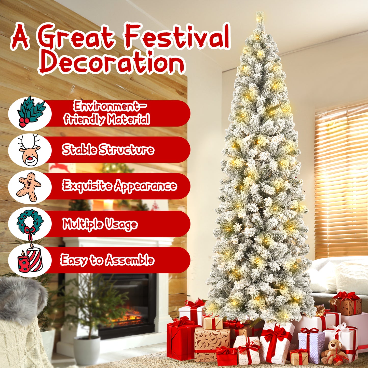 7ft Pre-Lit Artificial Pencil Christmas Tree Snow Flocked Slim Skinny Xmas Tree Holiday Decoration with 900 Tips and 250 Warm Lights