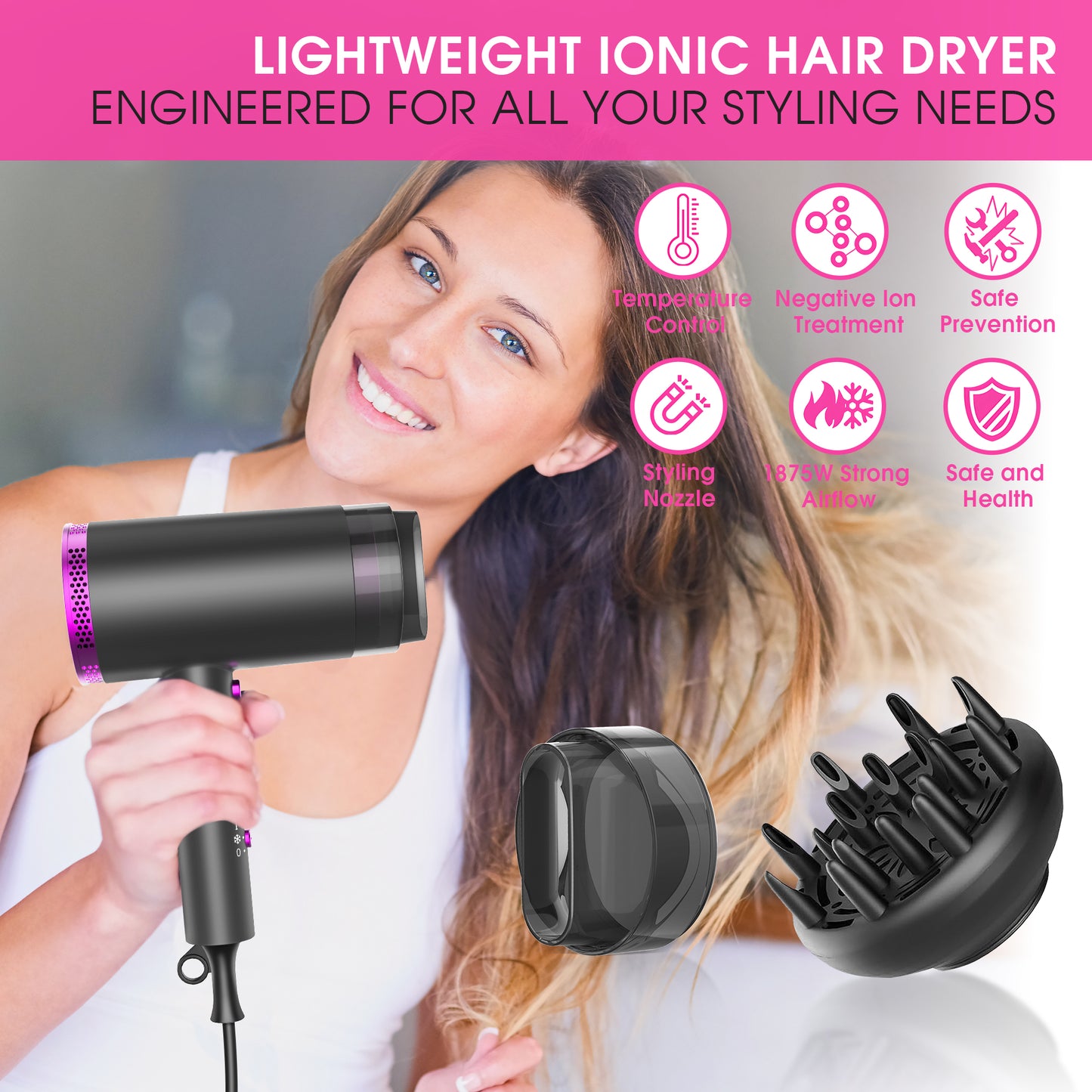 1875W Hair Dryer, Professional Ionic Hair Blow Dryers with 3 Heat Settings, 2 Speed, Cool Settings, Fast Drying Blow Dryer for Home,Travel,Salon and Hotel