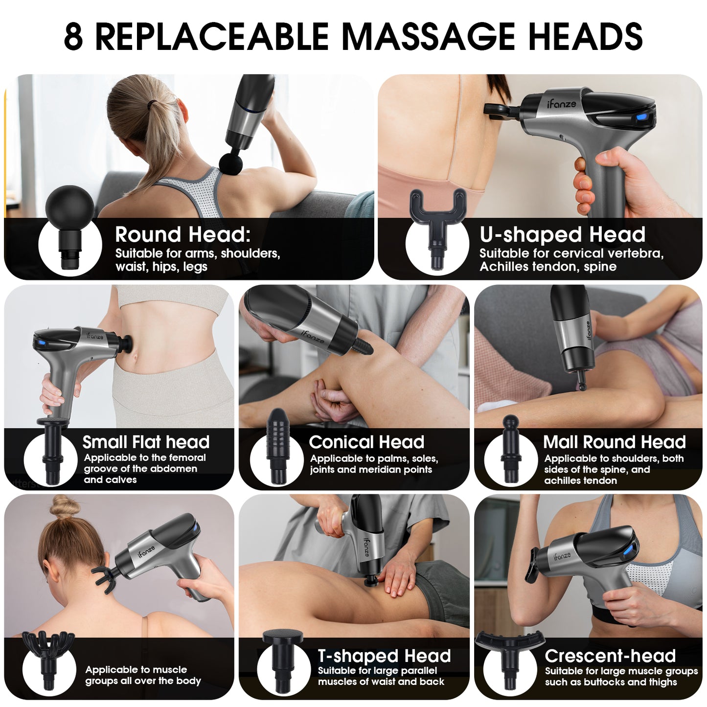 Massage Gun Deep Tissue, 5 Speeds Quiet Percussion Handheld Electric Muscle Massager with 8 Replacement Heads for Gym Office Home Post-Workout Recovery, Gray