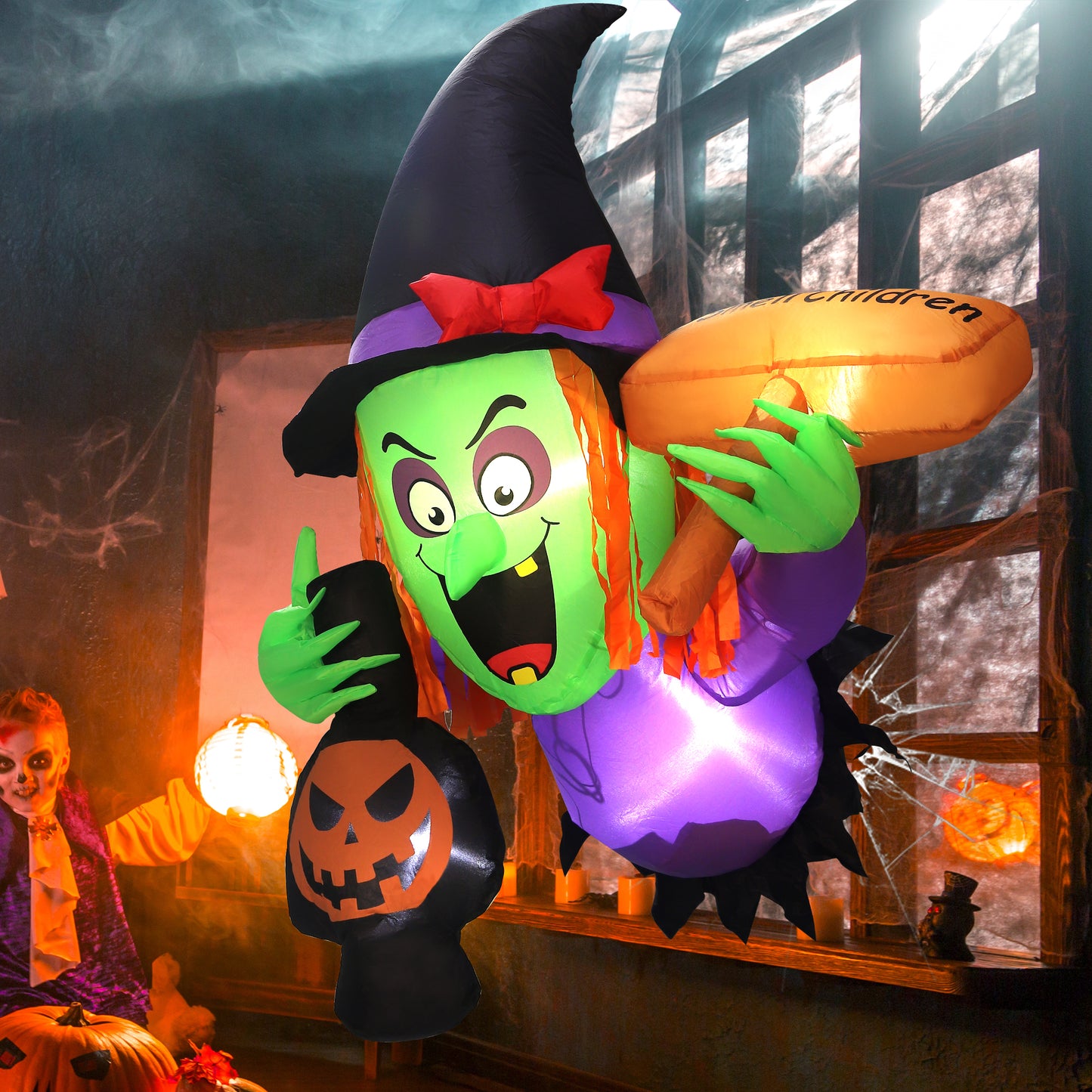 Posrue 4ft Halloween Inflatable Scary Witch Rush Out of Window ,with Built-in LED Lights, Inflatable for Halloween Party Indoor, Outdoor, Patio, Garden, Lawn Decoration