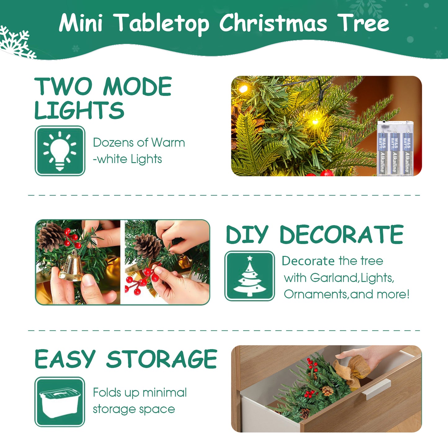 24 inch Tabletop Christmas Tree, Artificial Mini Christmas Tree Desktop Christmas Pine Tree with Hanging Ornaments and Stand for Christmas Holiday Decoration