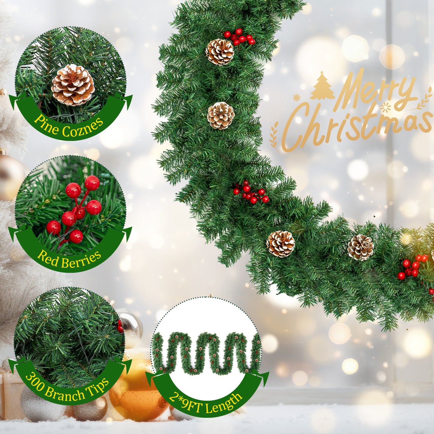 2 Pack Christmas Garland,9 ft Artificial Christmas Garland Outdoor with Pinecones and Red Berries for Xmas Holiday Decorations