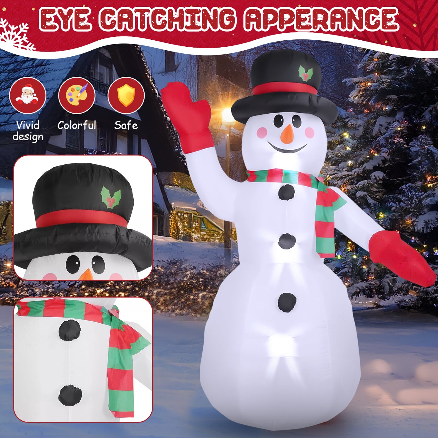 8ft Snowman Christmas Inflatables, Blow up with LED Lights Built-in for Holiday/Party/Yard/Garden Decoration