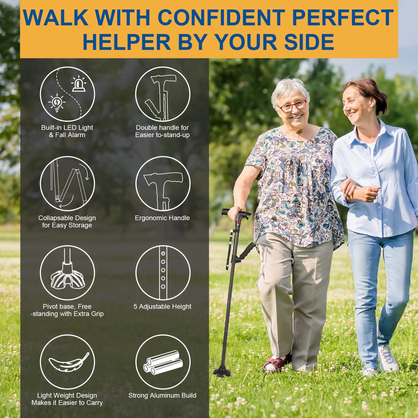 Walking Canes for Men & Women, Folding Canes with LED Flashlight, Fall Alarm, Heavy Duty, Pivot Tip, Foldable Walking Sticks for Seniors & Adults Balance